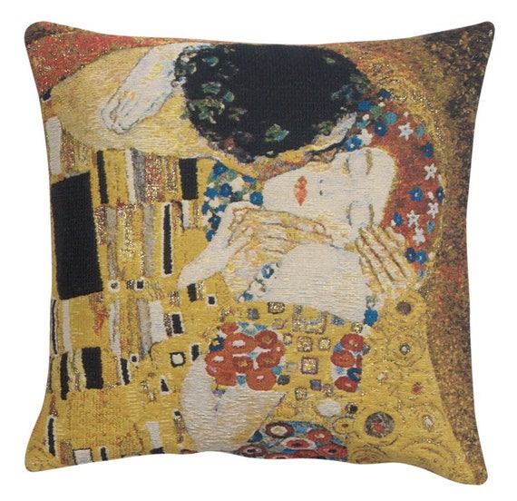 Gustav Klimt 'The Kiss' Tapestry Cushion Cover: Belgian Woven Cotton Pillow (17x17 inch)