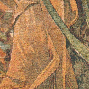 May include: Close-up of a woven tapestry with a detailed, textured design. The tapestry features a blend of warm colors, including shades of brown, orange, and green, creating a natural, earthy aesthetic. The pattern appears to depict abstract foliage.