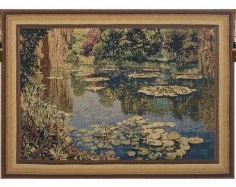 Lake Giverny With Border European Wall Tapestry - Water Lily Pond Wall Art - Decorative Landscape Wall Hanging -Woven Tapestry Wall Hanging