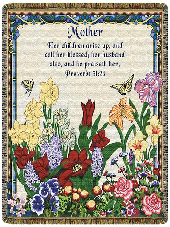 Belgian Wall Tapestry "Mother Proverbs 31:28" - 52x68 inch Woven Throw Made in North America for Home Decor - Tapestry & Afghan Throw