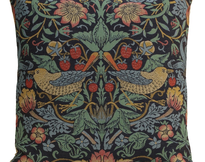 William Morris Strawberry Thief Blue Pillow Cover 18x18 inch – Woven Tapestry Cushion Case – Decorative Throw Pillow Cover