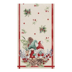 May include: A rectangular Christmas-themed decorative towel. The towel features a cream-colored background with a red border and a design of two gnomes wearing green and red hats. The gnomes are surrounded by pinecones, berries, and sprigs of holly.
