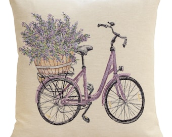 Bike with Lavender Tapestry Cushion Cover 18x18 Inch - French Country Throw Pillow Case - Vintage Bicycle Decorative Pillow Cover for Sofa