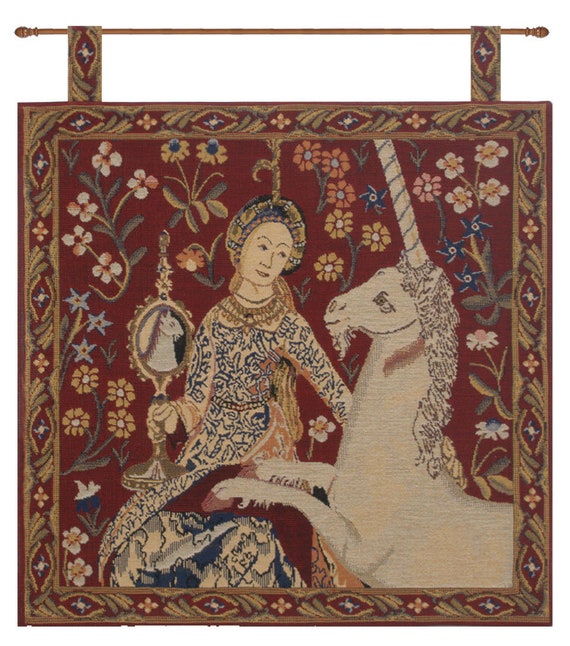 Lady and Unicorn Tapestry: Medieval Woven Wall Hanging, Belgian Art (19x19 inch)