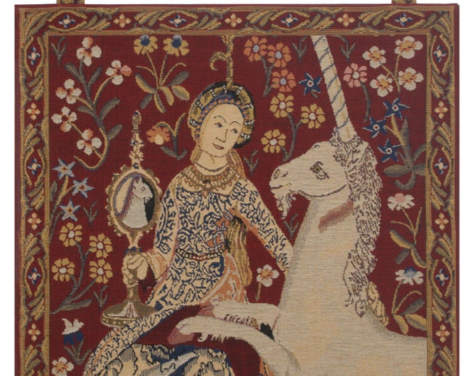 Lady and Unicorn Tapestry: Medieval Woven Wall Hanging, Belgian Art (19x19 inch)