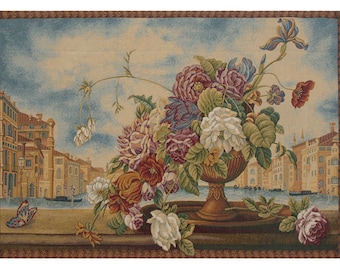 Venice Balcony with Flowers European Wall Tapestry - Floral Bouquet Wall Art - Bright Blue Sky Background Wall Hanging - Woven Wall Tapestry
