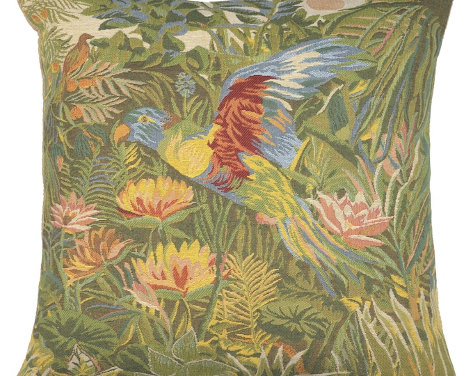 Tropical Parrot Tapestry Cushion Cover 18x18 inch - Belgian Woven Floral Bird Throw Pillow Case