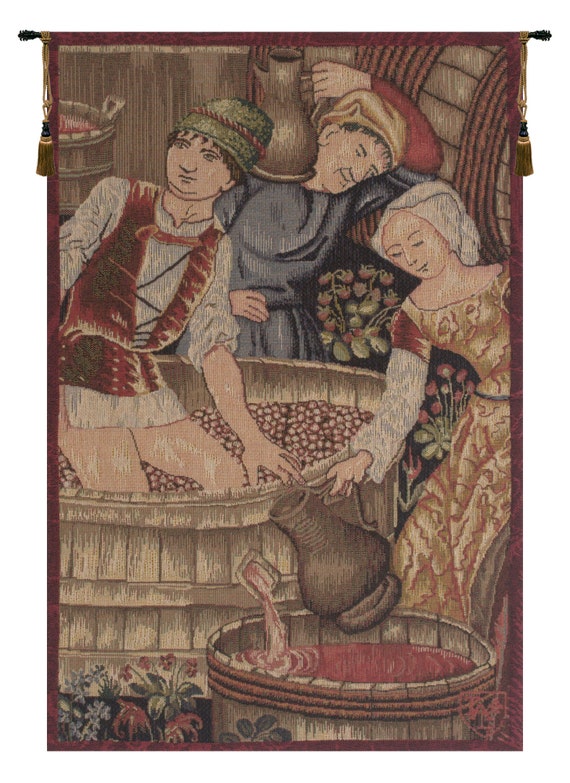 European Wine Making Scene Wall Tapestry - Vintage French Jacquard Woven Hanging Art Decor