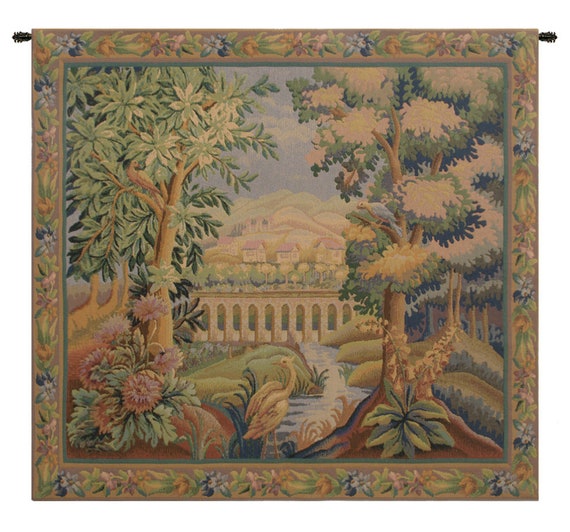European Landscape Wall Tapestry: Bridge with Bird, Aubusson Style (34x33 inch)