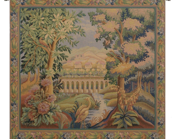 European Landscape Wall Tapestry: Bridge with Bird, Aubusson Style (34x33 inch)