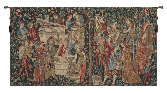 Belgian Tapestry Wall Hanging: Vendages Red Floral Art