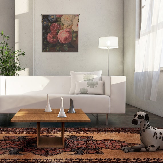 European Floral Wall Tapestry - Colorful Rose Jacquard Hanging - Unique French Woven Decor Art