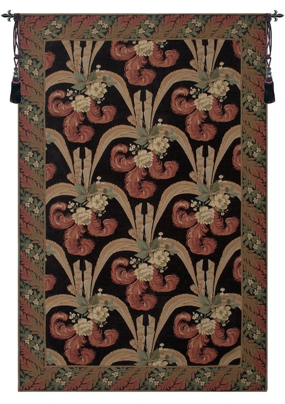 Floral Scroll Belgian Wall Tapestry: Elegant Black Background, 80x52 inch