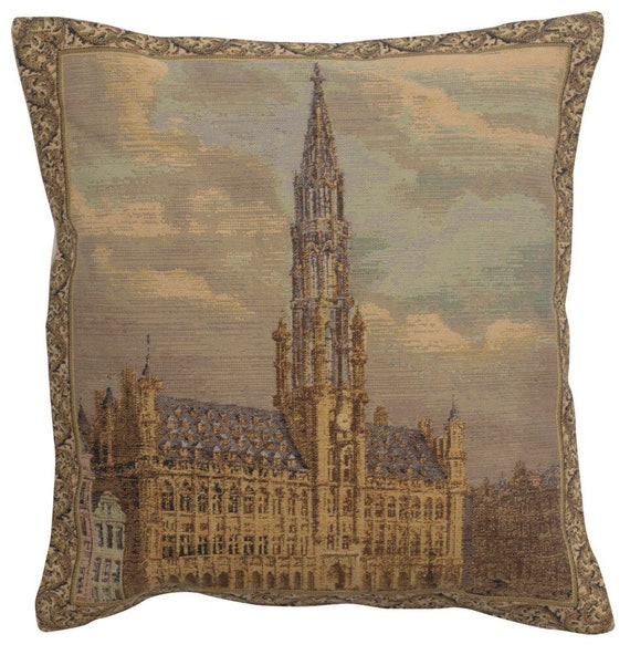 Brussels Townhall Tapestry Cushion Cover: Belgian Jacquard Pillow (20x19 inch)