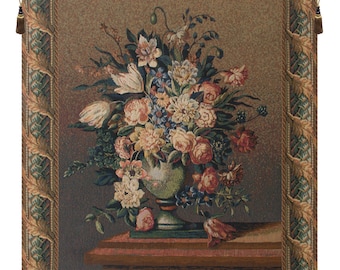 Breughel's Vase Dark European Wall Tapestry - Flower Bouquet Tapestry Wall Décor Art - White Floral Woven Jacquard Wall Hanging