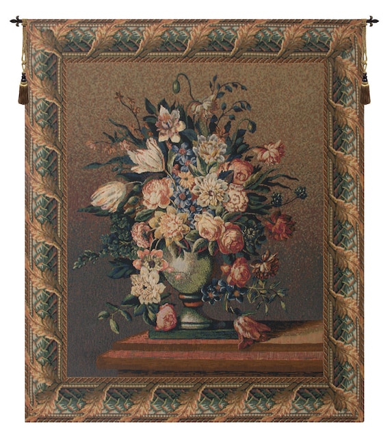 Breughel's Vase Tapestry: European Floral Jacquard Wall Hanging (56x46 inch)