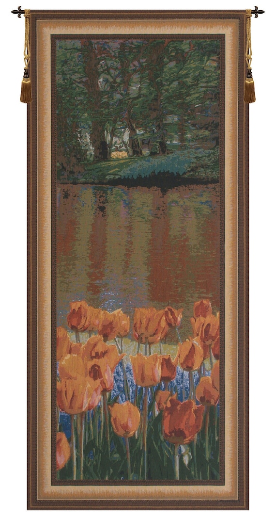 Keukenhof Portiere II Woven European Floral Landscape Tapestry - Modern Red Wall Hanging Art Decor