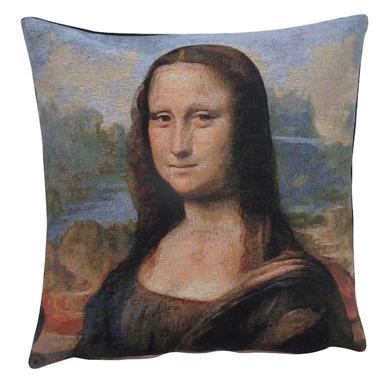 Mona Lisa Tapestry Pillow Cover: Belgian Jacquard Woven Cushion (18x18)