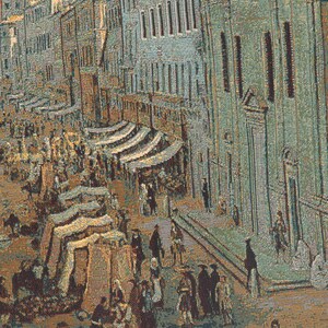 May include: A tapestry depicting a bustling street scene in a European city. The street is lined with buildings, some with arched doorways and windows. There are many people walking and shopping in the street, and there are also some horse-drawn carriages. The tapestry is woven in a variety of colors, including browns, greens, and blues.