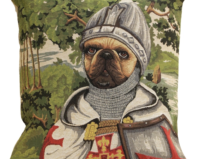 Pug Knight Tapestry Pillow Cover: Belgian Woven Dog Lover Cushion (18x18)