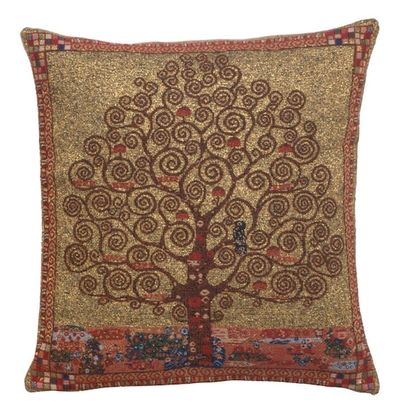 Klimt Tree of Life Tapestry Pillow Cover: Belgian Woven Art, 16x16
