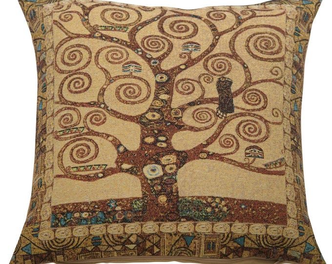Gustav Klimt Tree of Life Belgian Woven Tapestry Pillow Cover Decorative Cushion 18x18