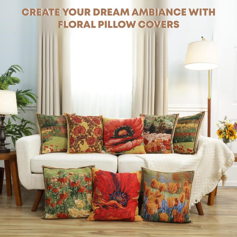 Red Poppy Belgian Tapestry Cushion Cover – Floral Sofa Pillow, 16x16 inch image 7