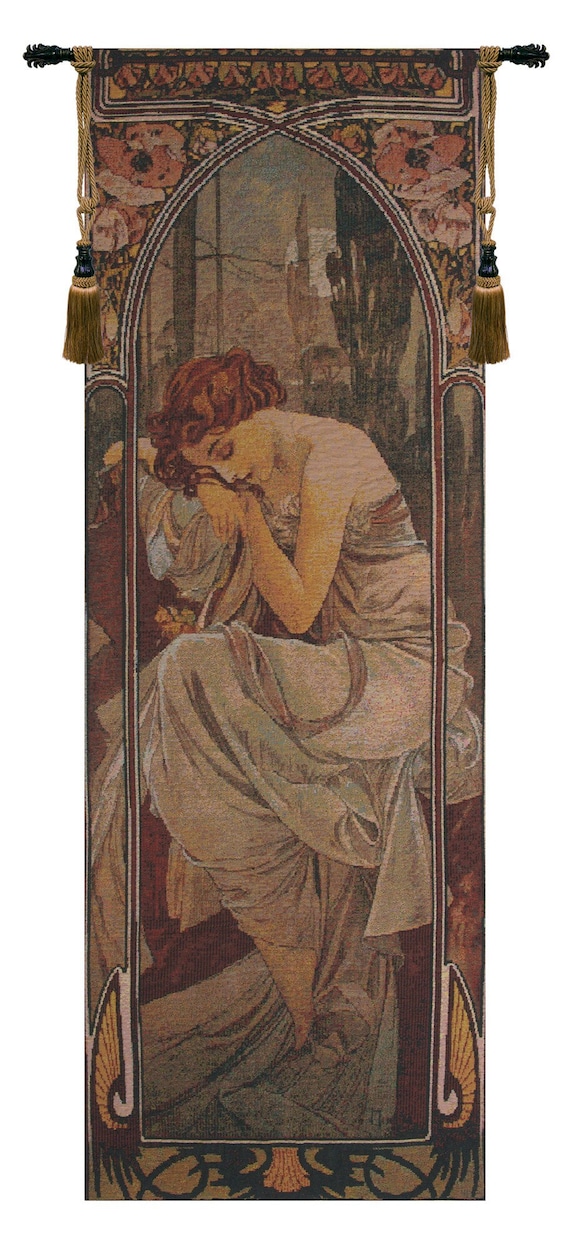 Mucha Nuit Art Nouveau Tapestry: Belgian Jacquard Woven Wall Decor