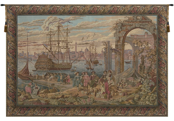 European Seascape Jacquard Wall Tapestry - Coastal Dwelling Decor Art - Italian Woven Hanging