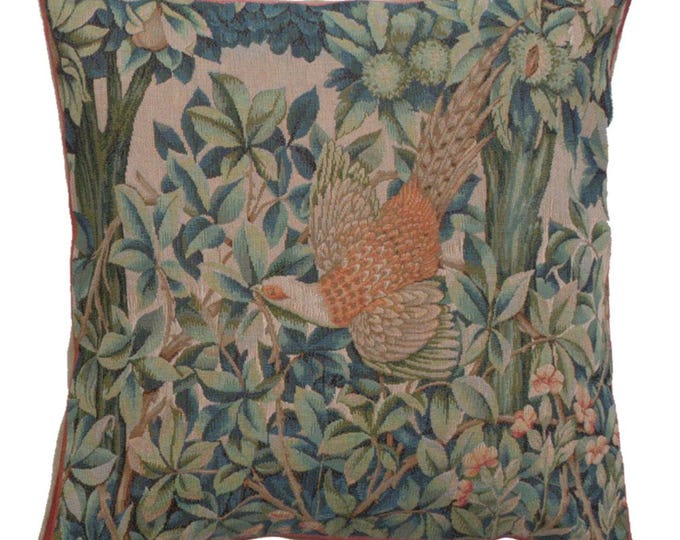 William Morris Tapestry Pillow Cover: Pheasant in Forest, 100% Cotton (19x19 Inch)