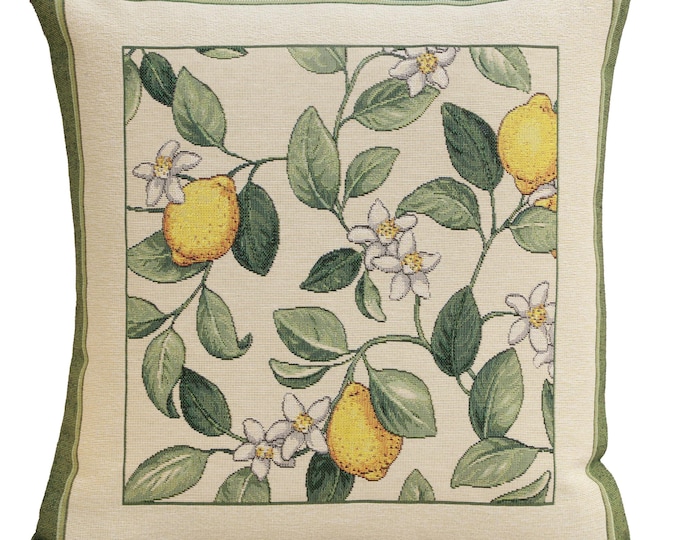 Lemon Flower Jacquard Cushion Cover – Vintage Floral Woven Pillow, 18x18 inch