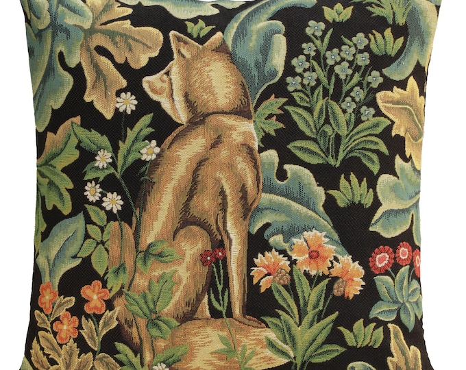 William Morris Black Forest Fox Tapestry Pillow Cover - 18x18 Belgian Woven Cushion Case