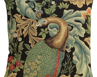 William Morris Peacock Tapestry Pillow Cover: Belgian Woven Cushion