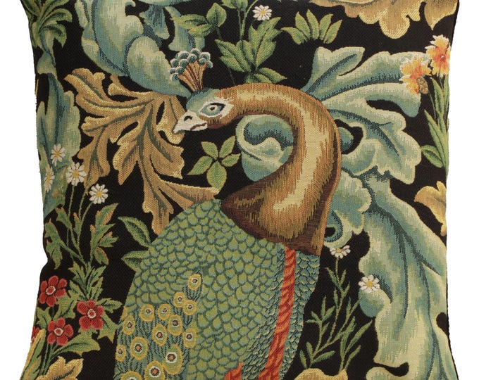 William Morris Peacock Tapestry Pillow Cover: Belgian Woven Cushion