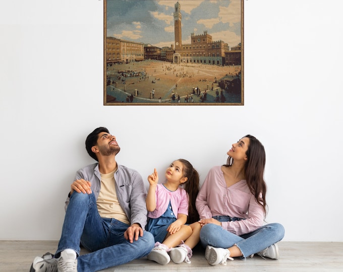 Siena Square European Tapestry: Medieval City Scene Wall Hanging, Italian Decorative Art Gift