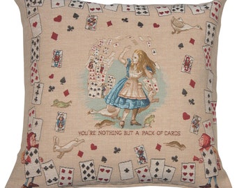 The Pack of Cards Alice In Wonderland Tapestry Cushion Cover | Jacquard Woven in France | 19x19 inch Charming Alice Throw Pillow Cover