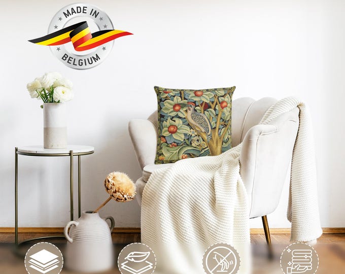 William Morris Woodpecker Tapestry Pillow Cover: Belgian Floral Cushion (18x18)