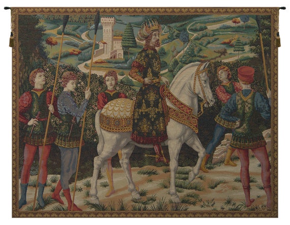 European Medieval Knight Melchior Wall Tapestry - Woven Jacquard Hanging with Animals - French Decorative Art
