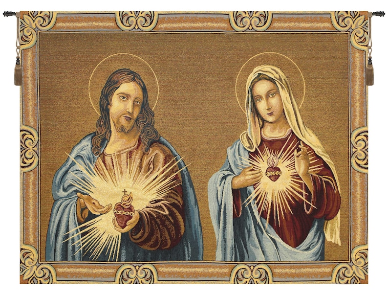 A tapestry featuring Jesus and Mary side by side. Jesus holds sacred heart in his hand while Mary has one upon her chest. Tapestry has sparkling gold threads throughout.