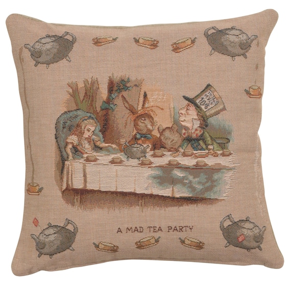 Alice in Wonderland Tea Party Jacquard Tapestry Cushion Cover - 14x14 Inch Decorative Throw Pillow