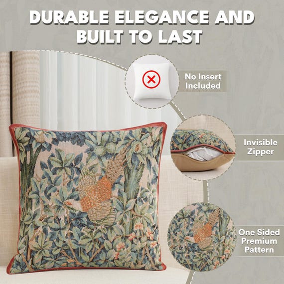 William Morris Tapestry Pillow Cover: Pheasant in Forest, 14x14 Cotton Jacquard