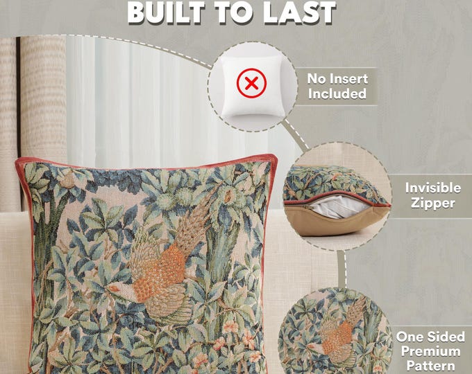 William Morris Tapestry Pillow Cover: Pheasant in Forest, 14x14 Cotton Jacquard
