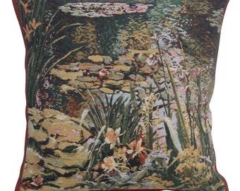 Yellow Flowers Monet's Garden Belgian Tapestry Cushion Cover - Floral Pillow Cover - 17x17 inch Throw Cushion Cover - Woven Pillow Cover