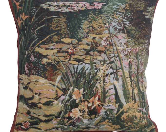 Yellow Flowers Monet's Garden Belgian Tapestry Cushion Cover - Floral Pillow Cover - 17x17 inch Throw Cushion Cover - Woven Pillow Cover