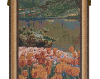 Keukenhof VI European Wall Tapestry - Decorative Orange Floral Wall Hanging - Modern Woven Wall Décor Art - Landscape Garden Lover Wall Art
