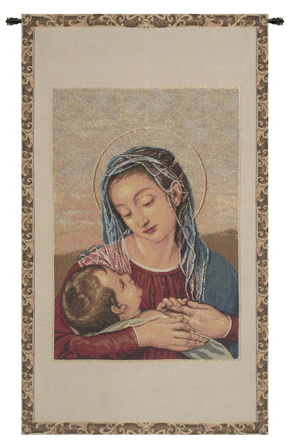 Our Lady of Divine Providence Tapestry: Mother and Child Woven Wall Art (35x20 inch)
