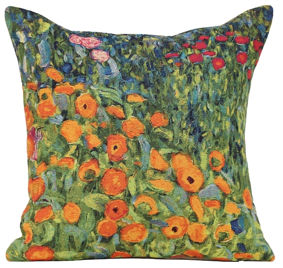 Klimt's Flower Garden IV Tapestry Cushion Cover - 18x18 inch Belgian Jacquard Woven Art Pillow