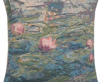 Monet’s Water Lilies II Tapestry Pillow Cover 18x18 inch - European Floral Cushion Cover - Woven Pink Throw Pillow Case for Home
