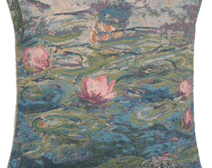 Monet's Water Lilies Tapestry Pillow Cover: European Floral Cushion (18x18 inch)