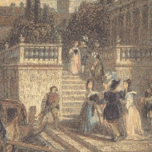 May include: A vintage illustration showing a group of people standing on a stone staircase in front of a building. The people are dressed in 19th-century attire and are looking at the viewer. The building has a balcony with a railing and a stone wall.